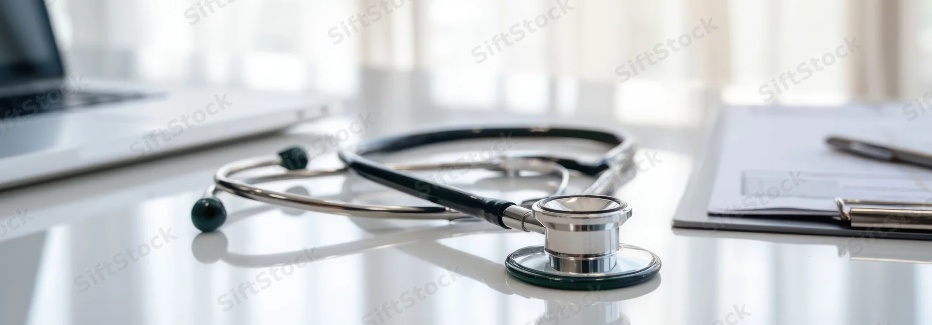 Stethoscope resting on a reflective desk beside a laptop and clipboard in a medical office