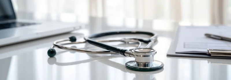 Stethoscope resting on a reflective desk beside a laptop and clipboard in a medical office