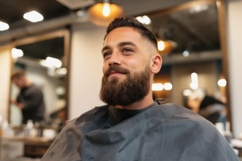 Man with full beard smiling in barber shop wearing cape