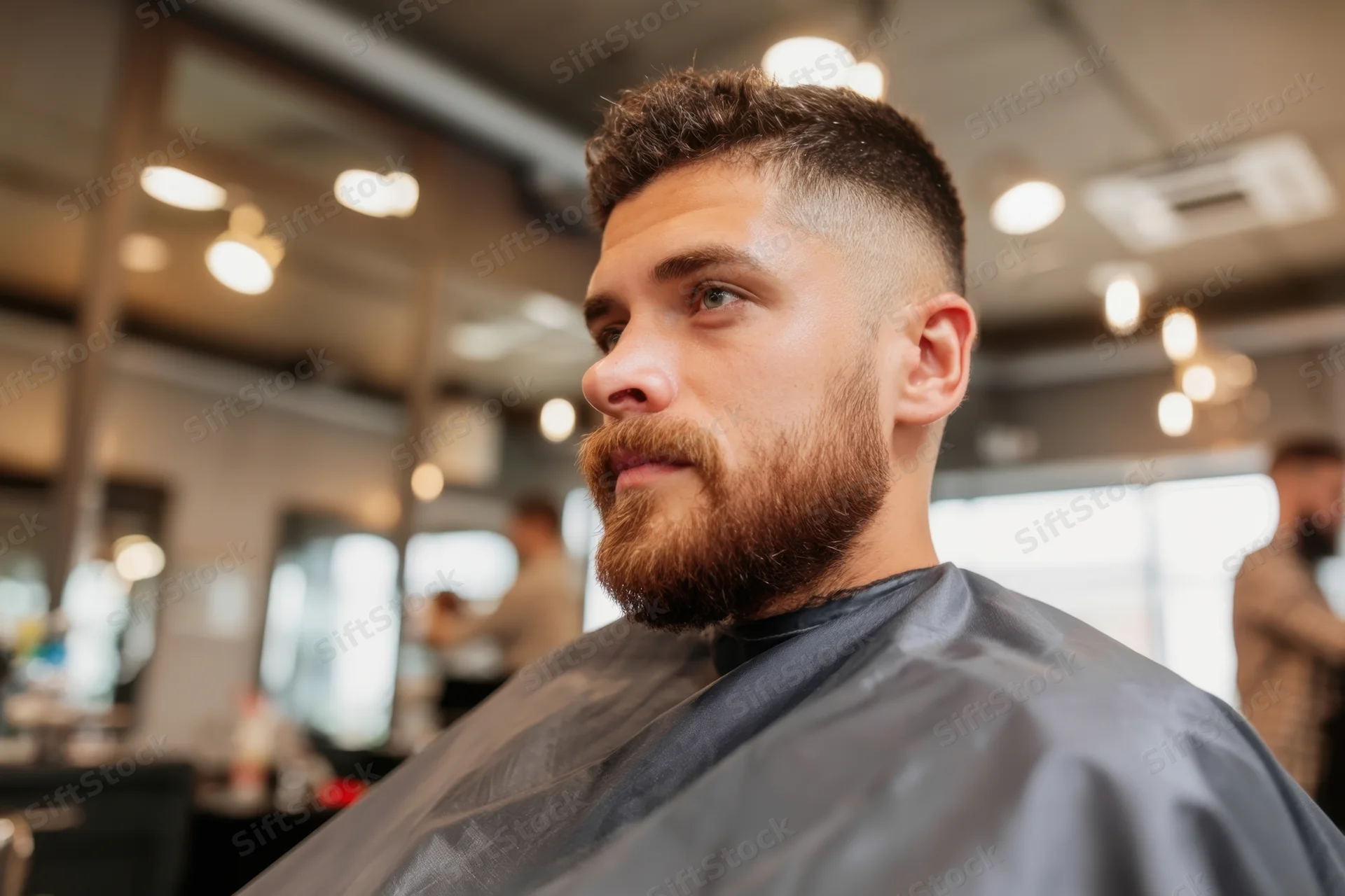 Man with beard and short haircut sitting in a barber shop wearing a gray cape
