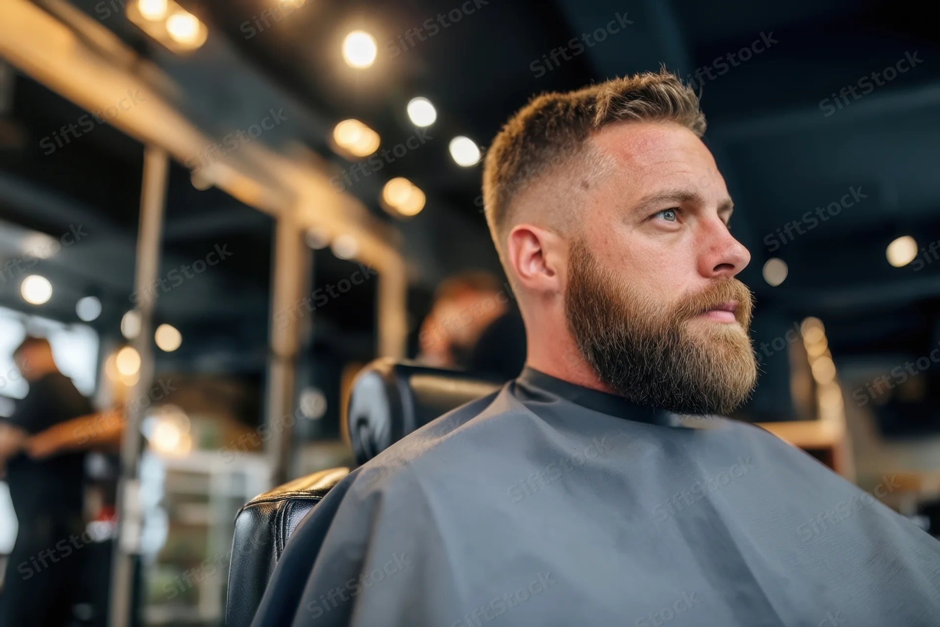 Man with beard sitting in barber chair wearing gray cape in modern barbershop interior