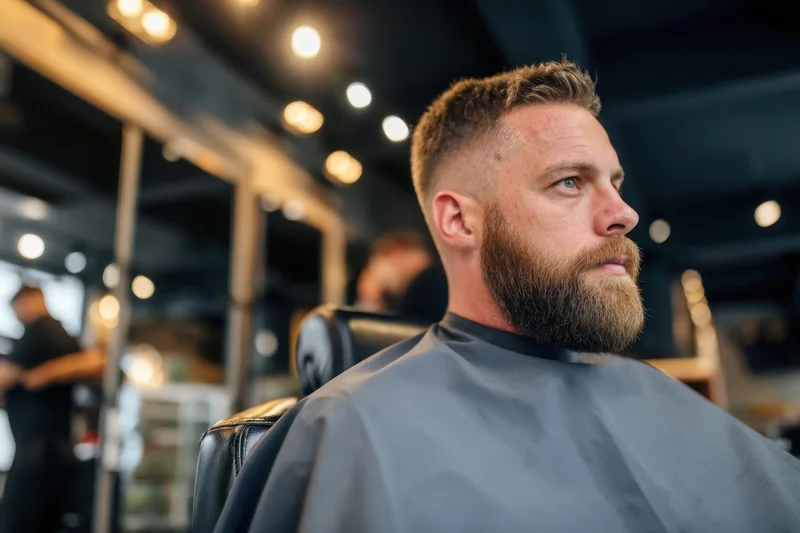Man with beard sitting in barber chair wearing gray cape in modern barbershop interior