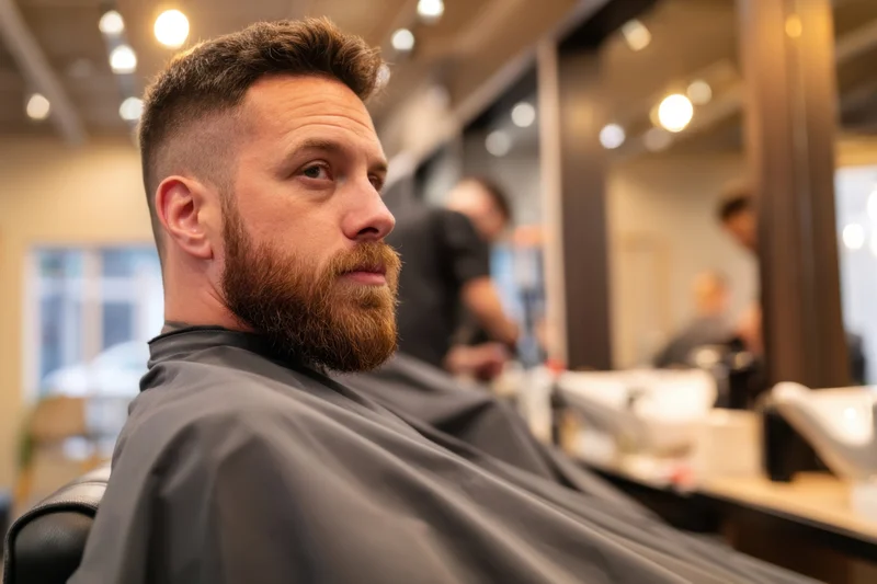 Man with beard sitting in barber chair in modern barbershop interior