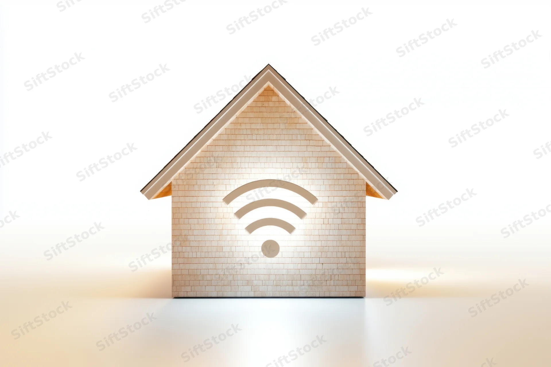 Stylized brick house with glowing wi-fi symbol on facade, isolated on white background