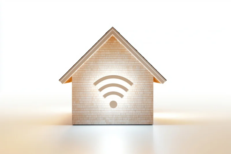 Stylized brick house with glowing wi-fi symbol on facade, isolated on white background