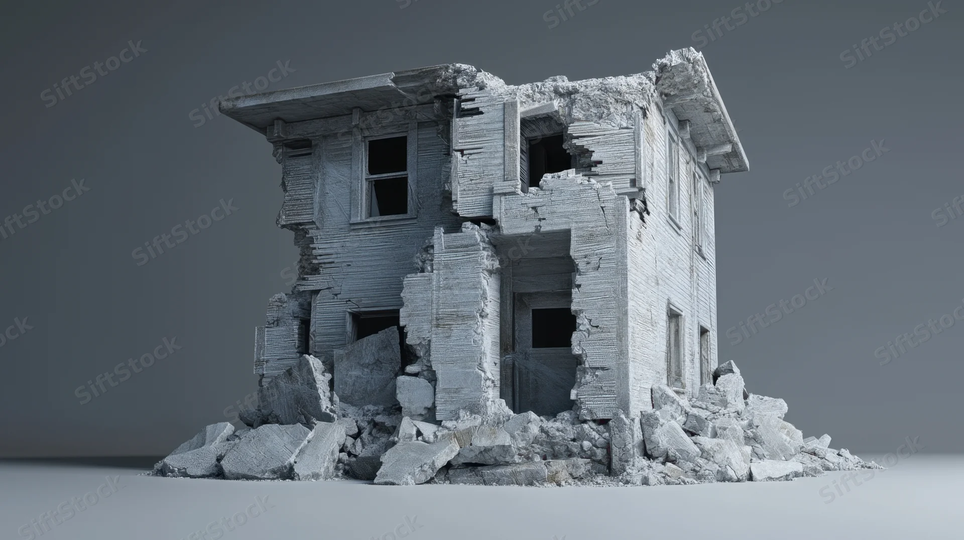 A partially collapsed house surrounded by rubble in a studio setting