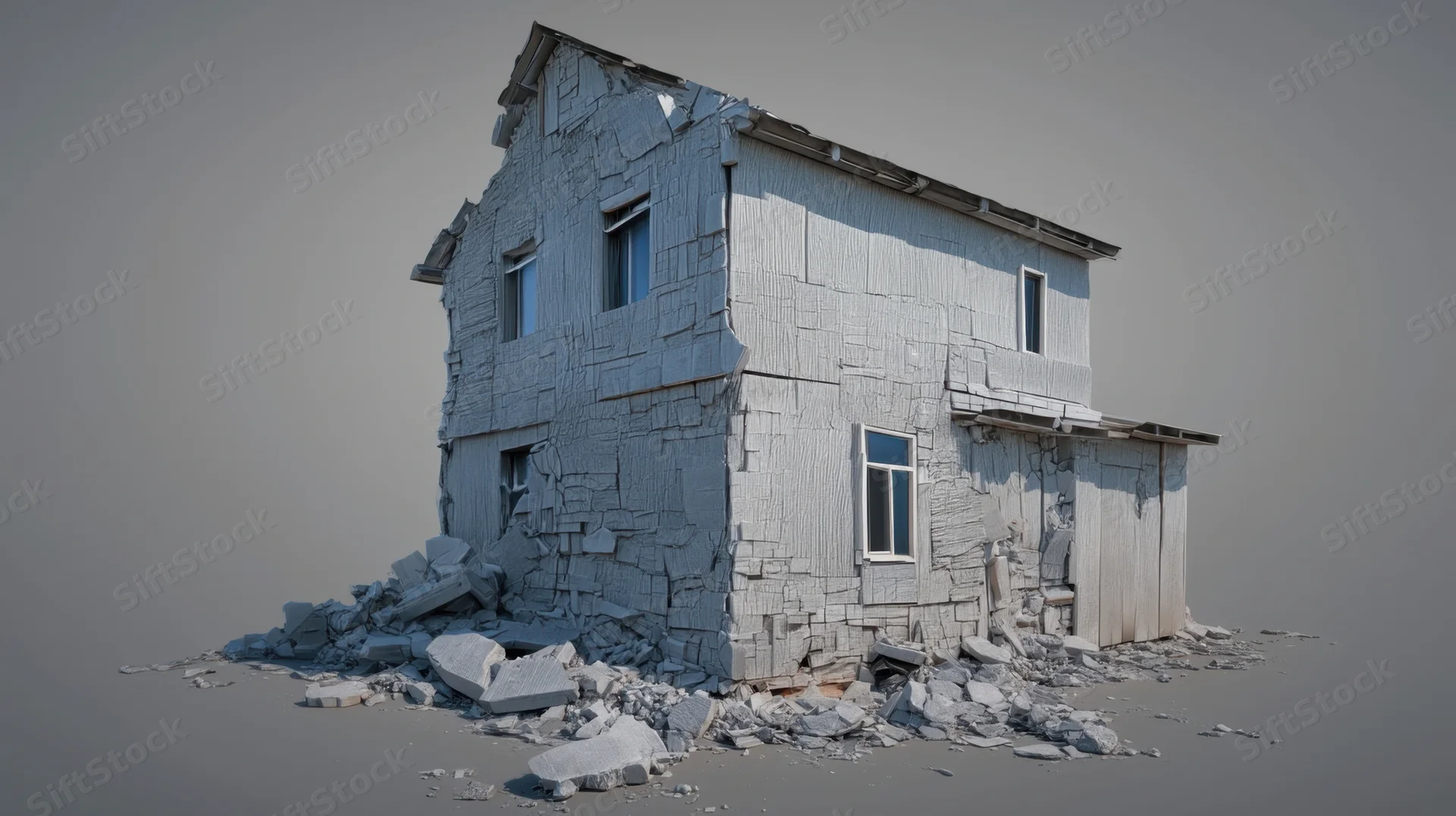 Damaged two-story house with broken walls and rubble scattered around on a plain gray background