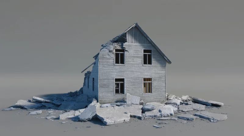 Partially collapsed wooden house surrounded by rubble in a desolate gray landscape