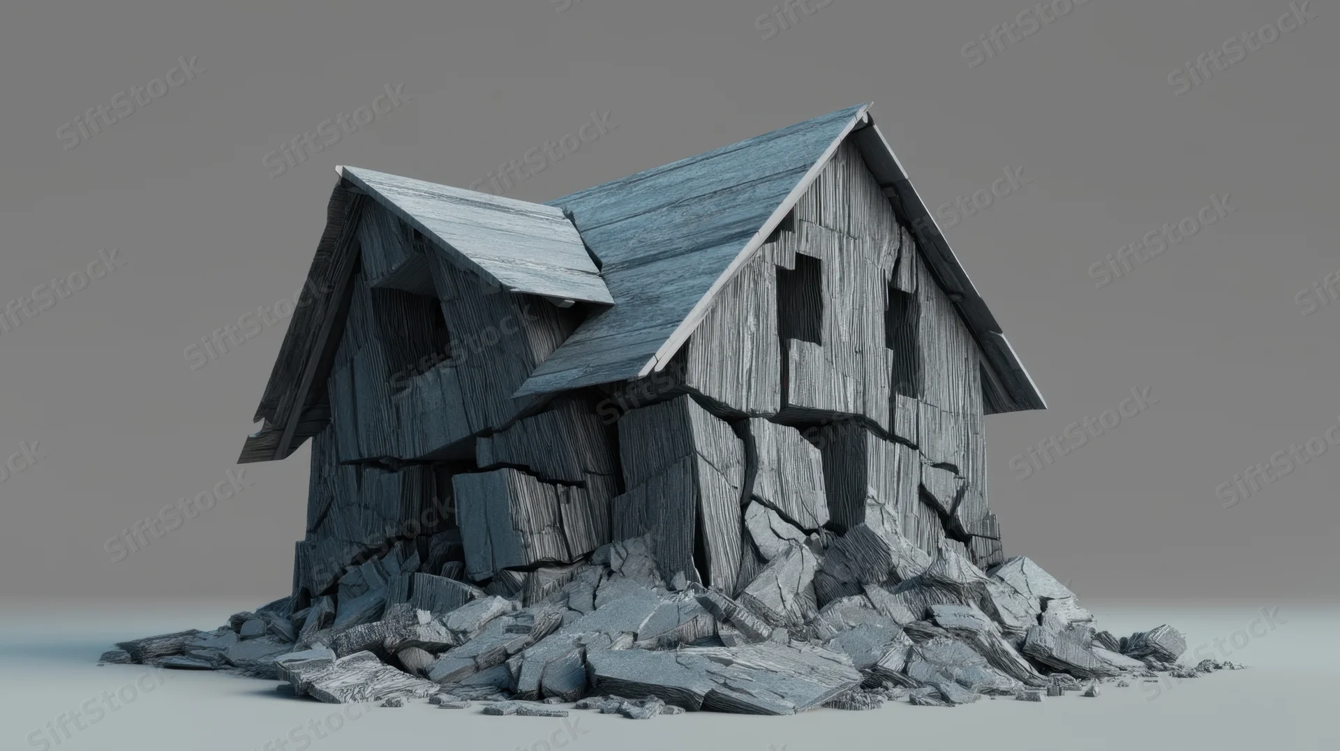 Collapsed wooden house surrounded by rubble on a plain surface