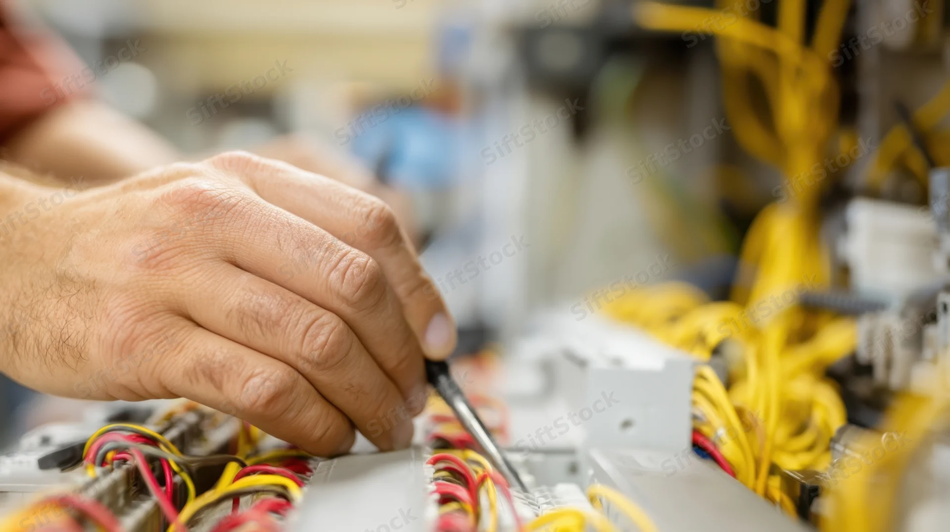 Technician’s hands using screwdriver to connect cables in server rack