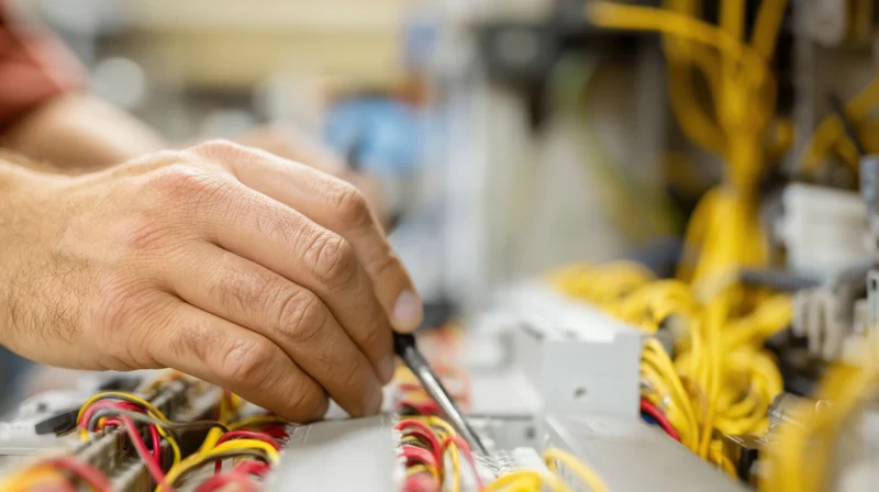 Technician’s hands using screwdriver to connect cables in server rack