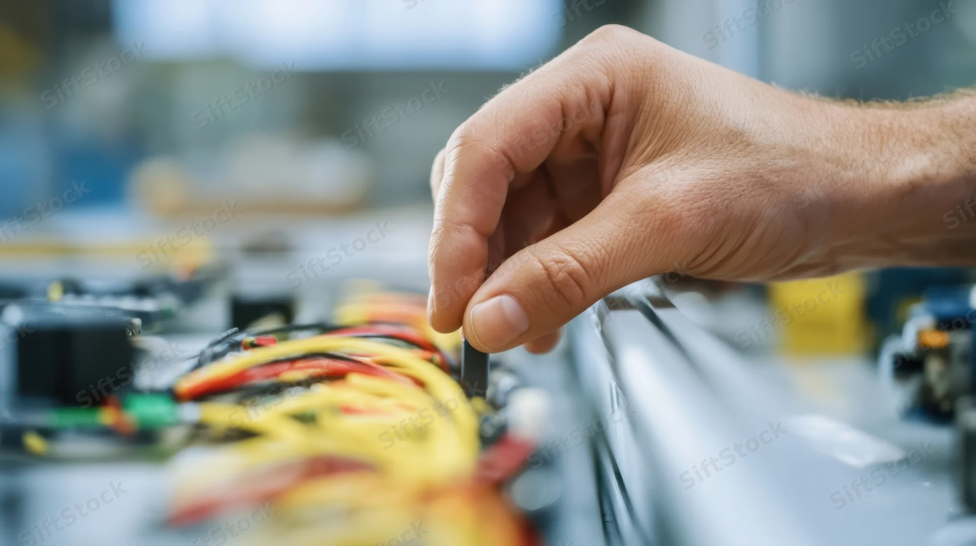 Hand connecting cable to electronic component in workshop