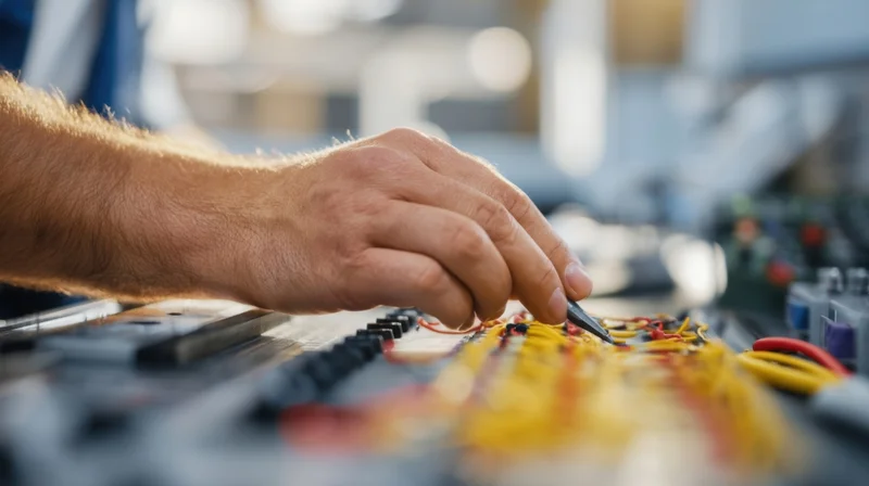 Technician’s hand using a soldering tool on an electronic circuit board in a workshop
