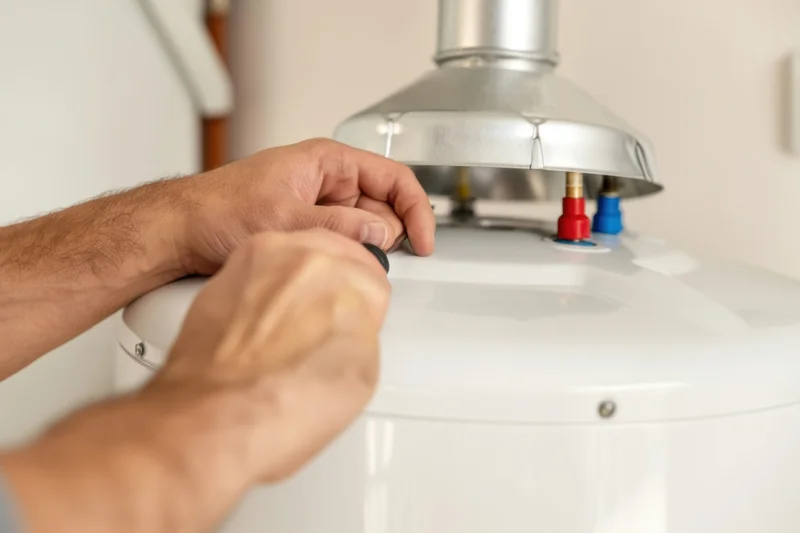 Technician adjusting valve on white water heater in residential setting