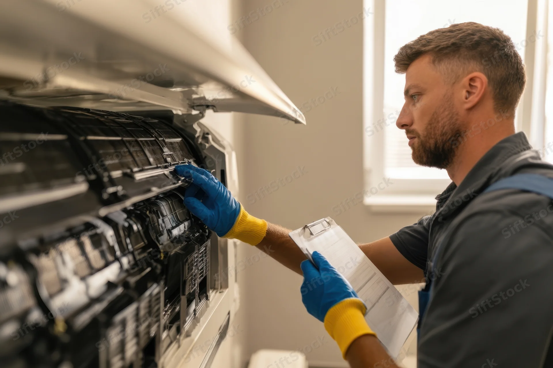 Technician inspecting internal components of a copier while holding a clipboard in an office setting