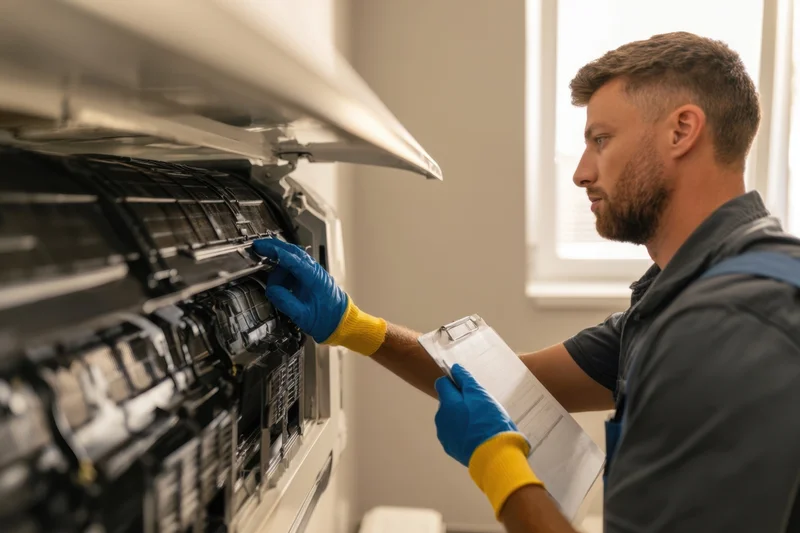 Technician inspecting internal components of a copier while holding a clipboard in an office setting