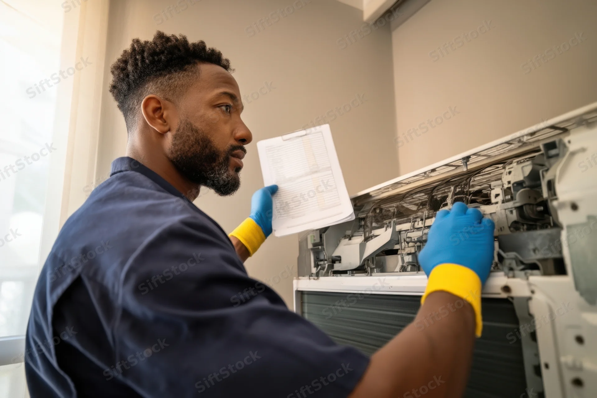 Technician inspecting internal components of an air conditioner while holding a clipboard indoors