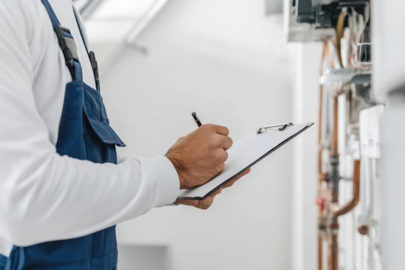 Technician writing on clipboard during equipment inspection in indoor setting