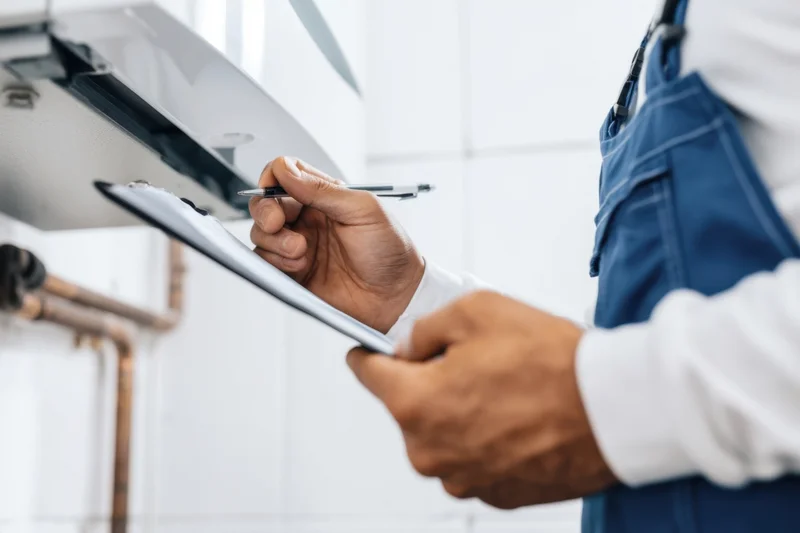 Technician holding clipboard and pen during air conditioner inspection indoors