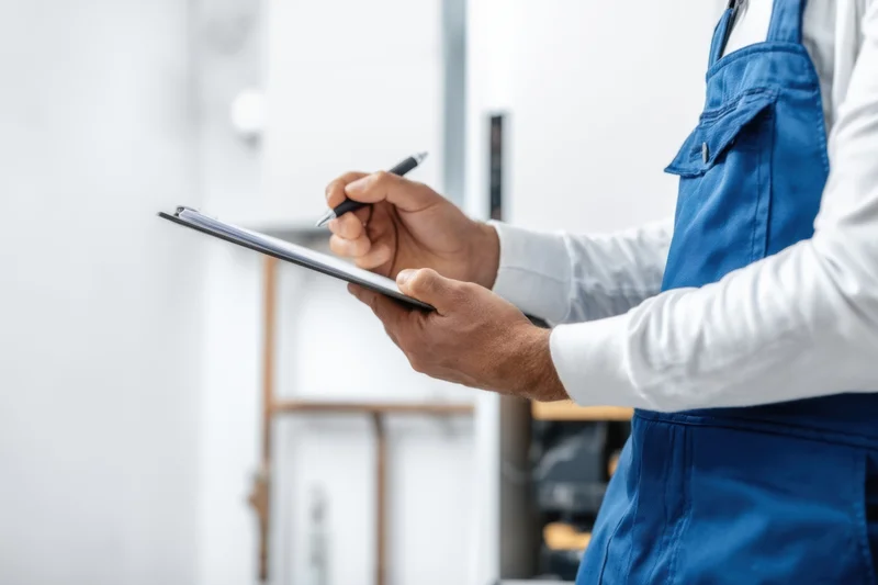 Technician writing on clipboard in workplace
