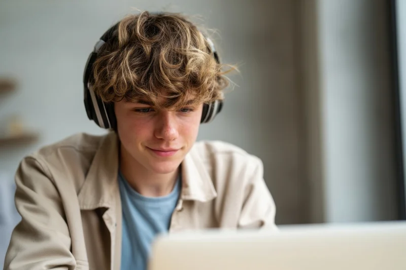 Teenage boy wearing headphones focused on laptop screen at home