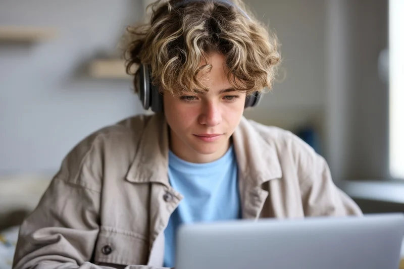 Teenager wearing headphones concentrating on laptop screen at home workspace
