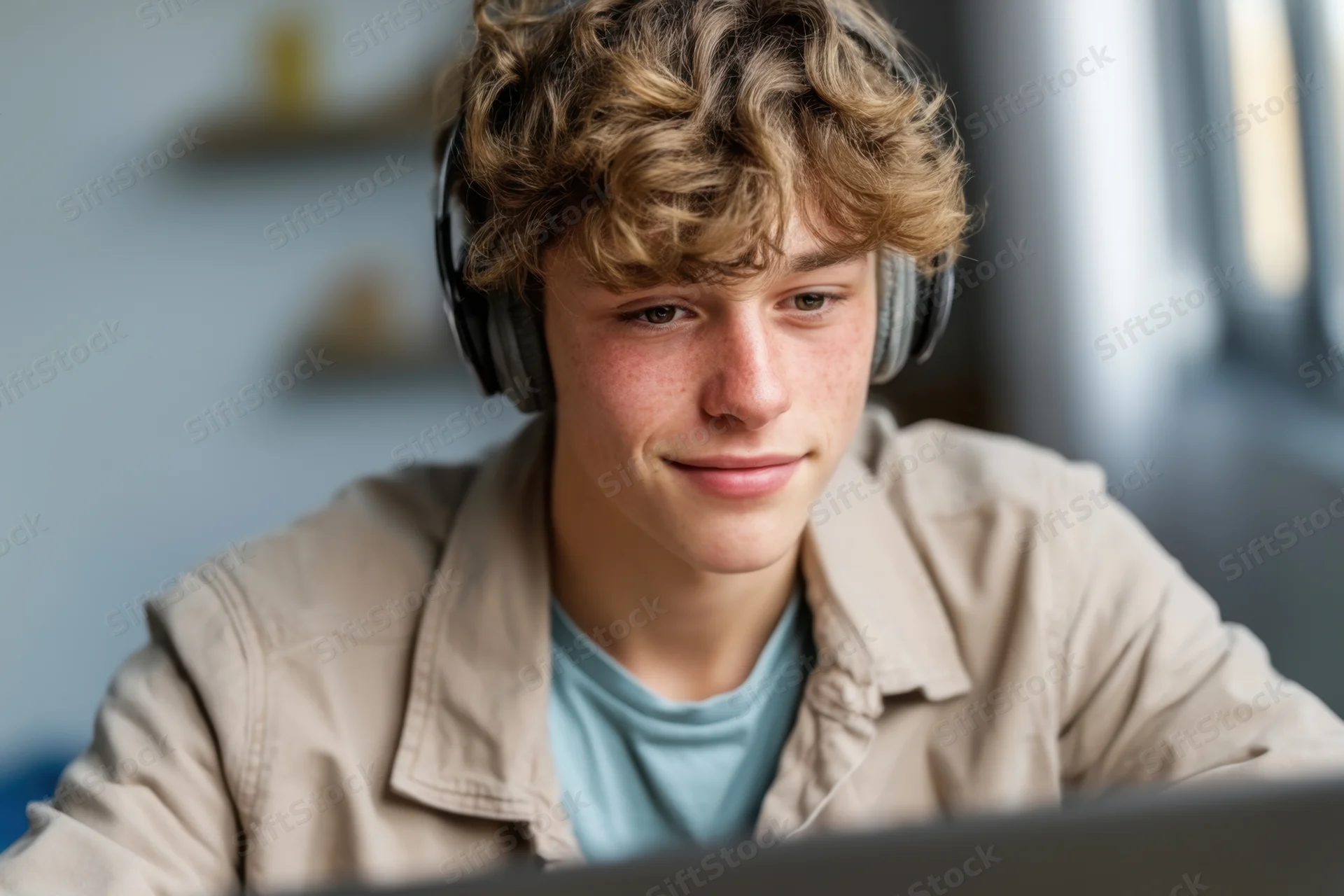 Teenage boy wearing headphones and smiling while using a laptop indoors