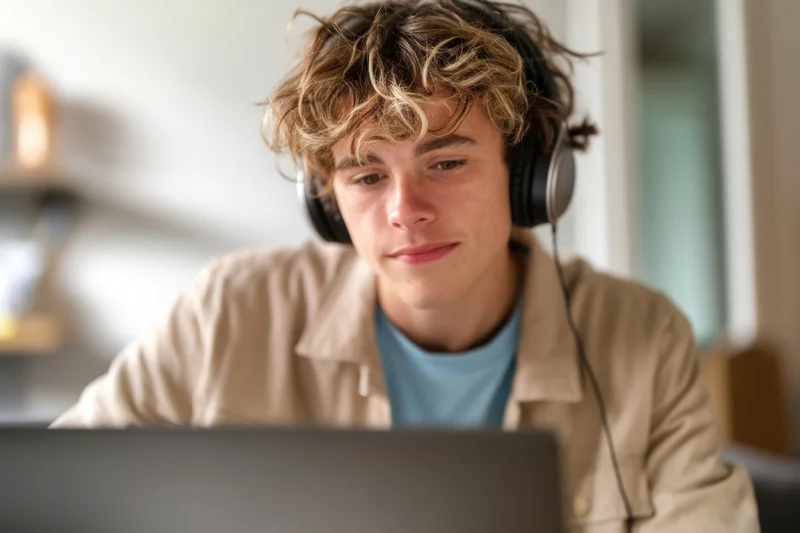 Teenager wearing headphones focused on laptop screen at home workspace