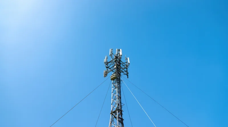 Low-angle view of a telecommunications tower with antennas against a clear blue sky