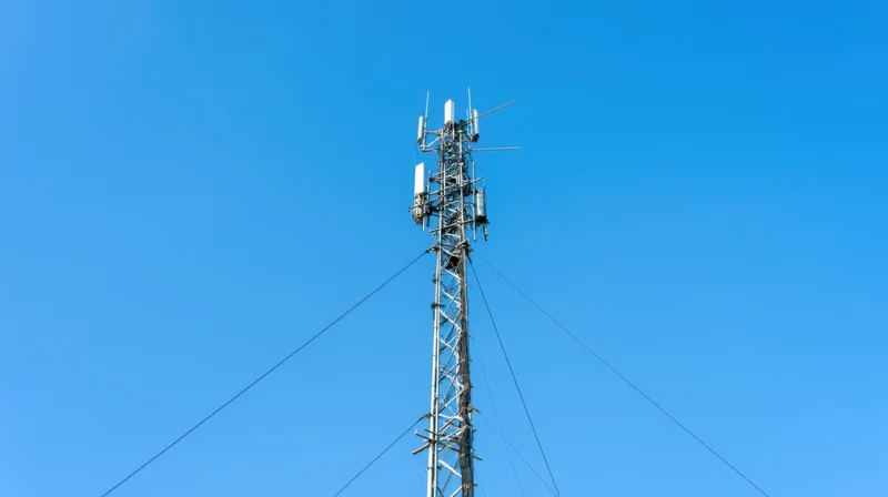Tall metal communication tower with antennas and cables against a clear blue sky