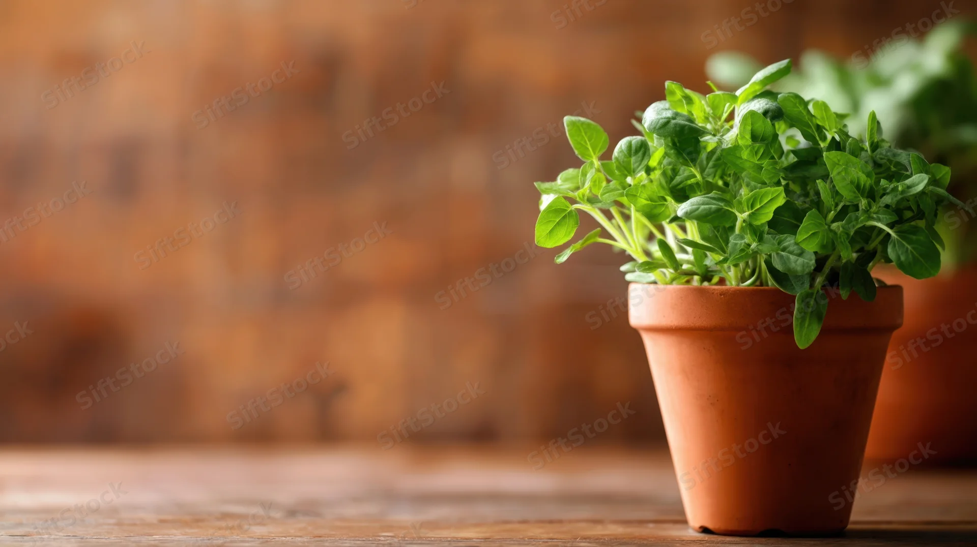 Oregano plant in a terracotta pot on a wooden table with blurred background