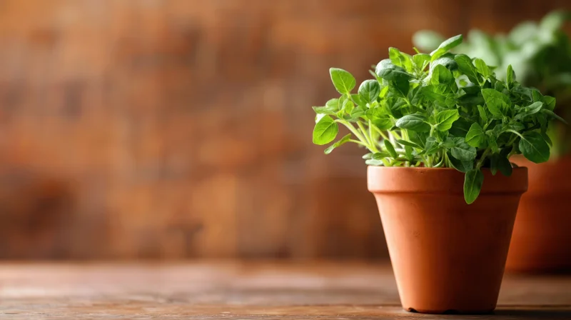 Oregano plant in a terracotta pot on a wooden table with blurred background