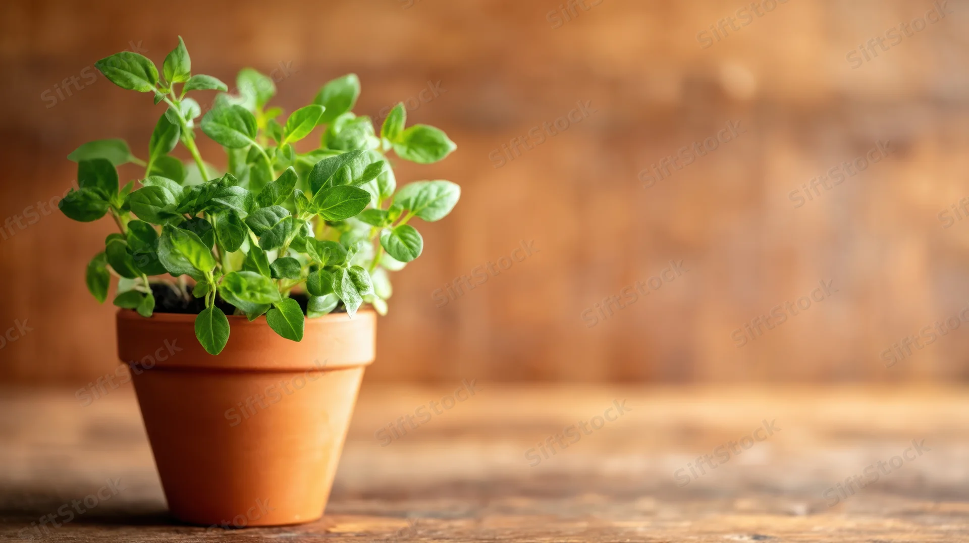 Basil plant in a terracotta pot on a wooden surface