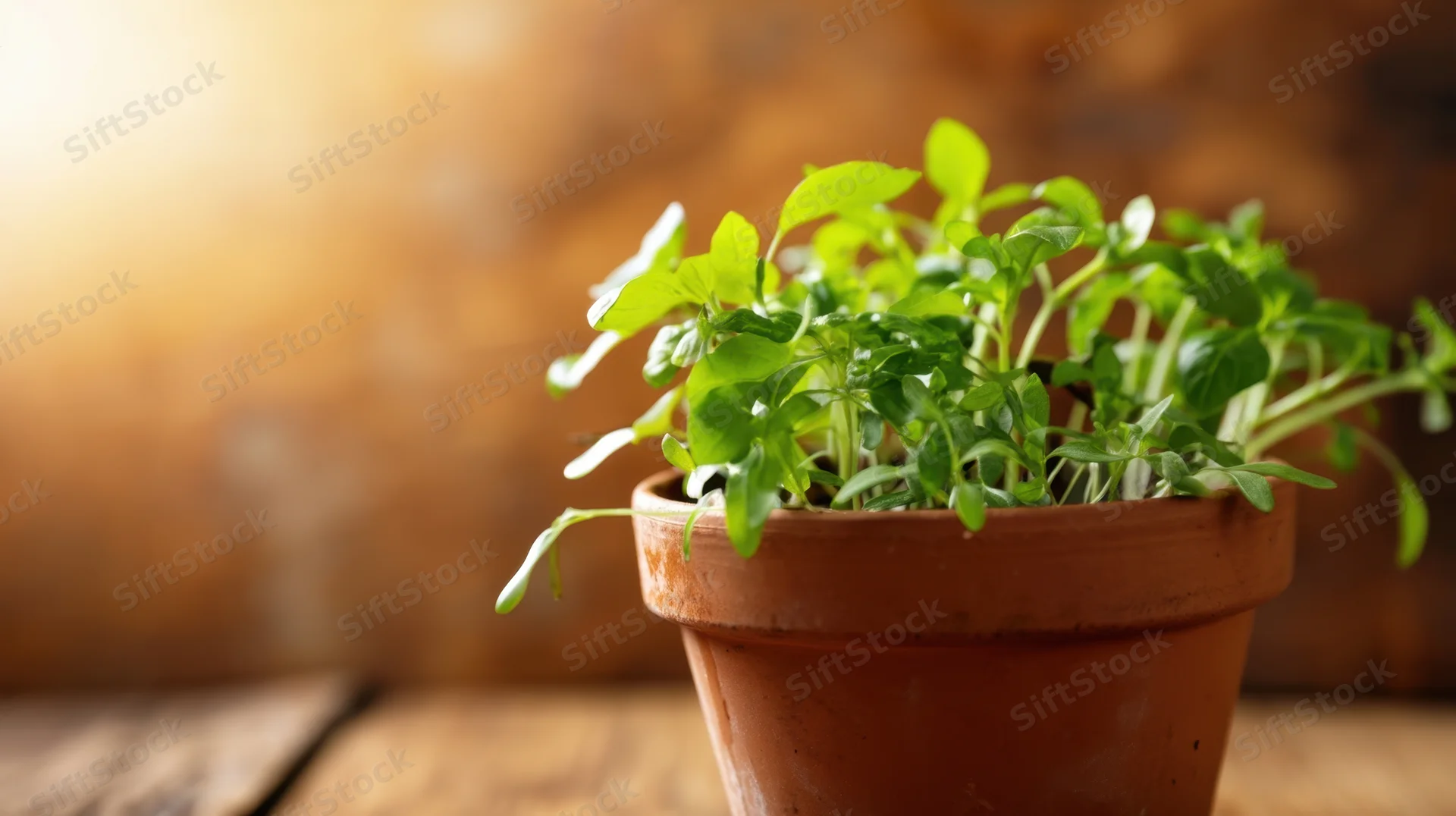 Young green sprouts growing in a terracotta pot on a wooden surface