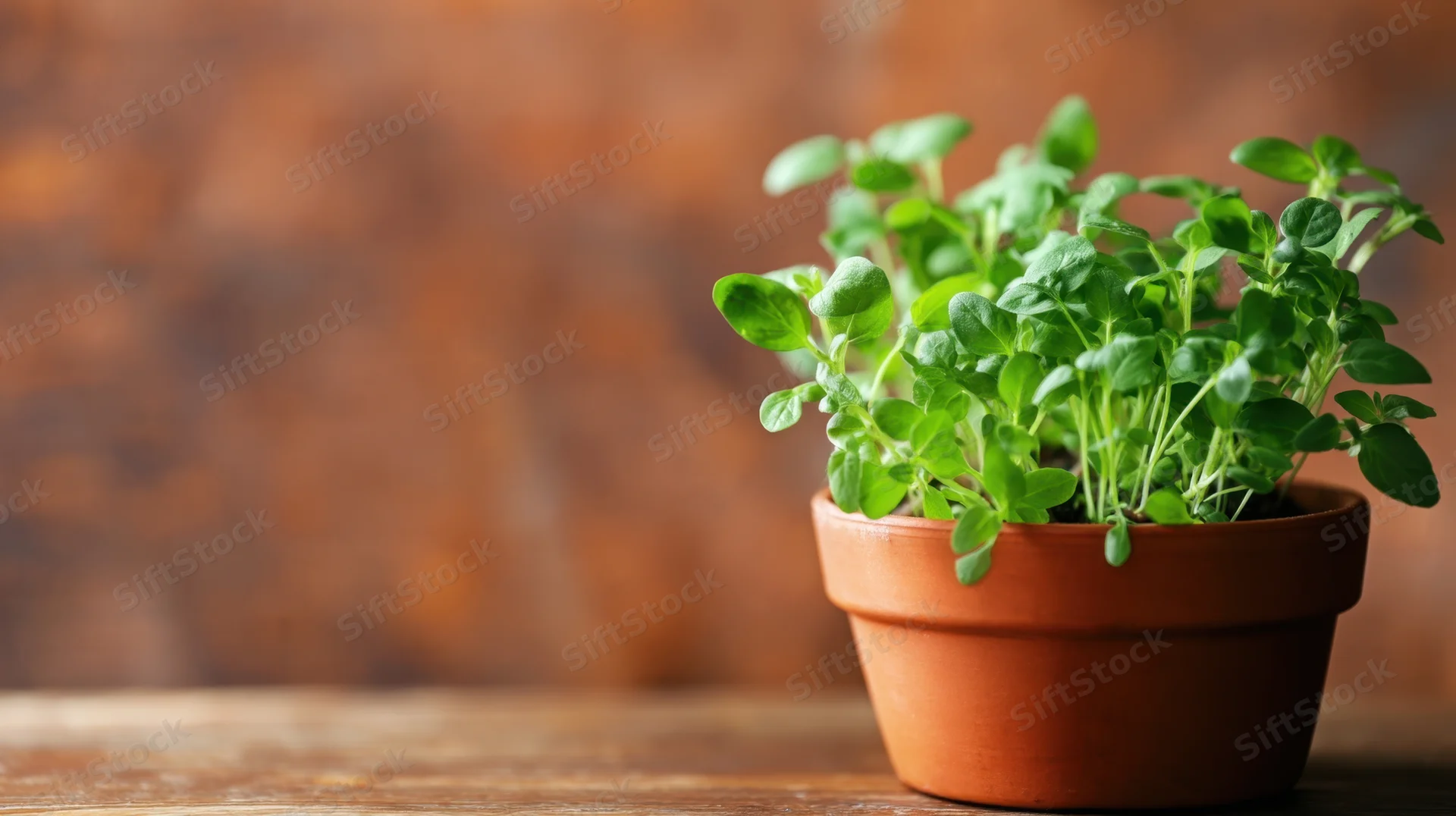 Oregano sprouts growing in a terracotta pot on a wooden table