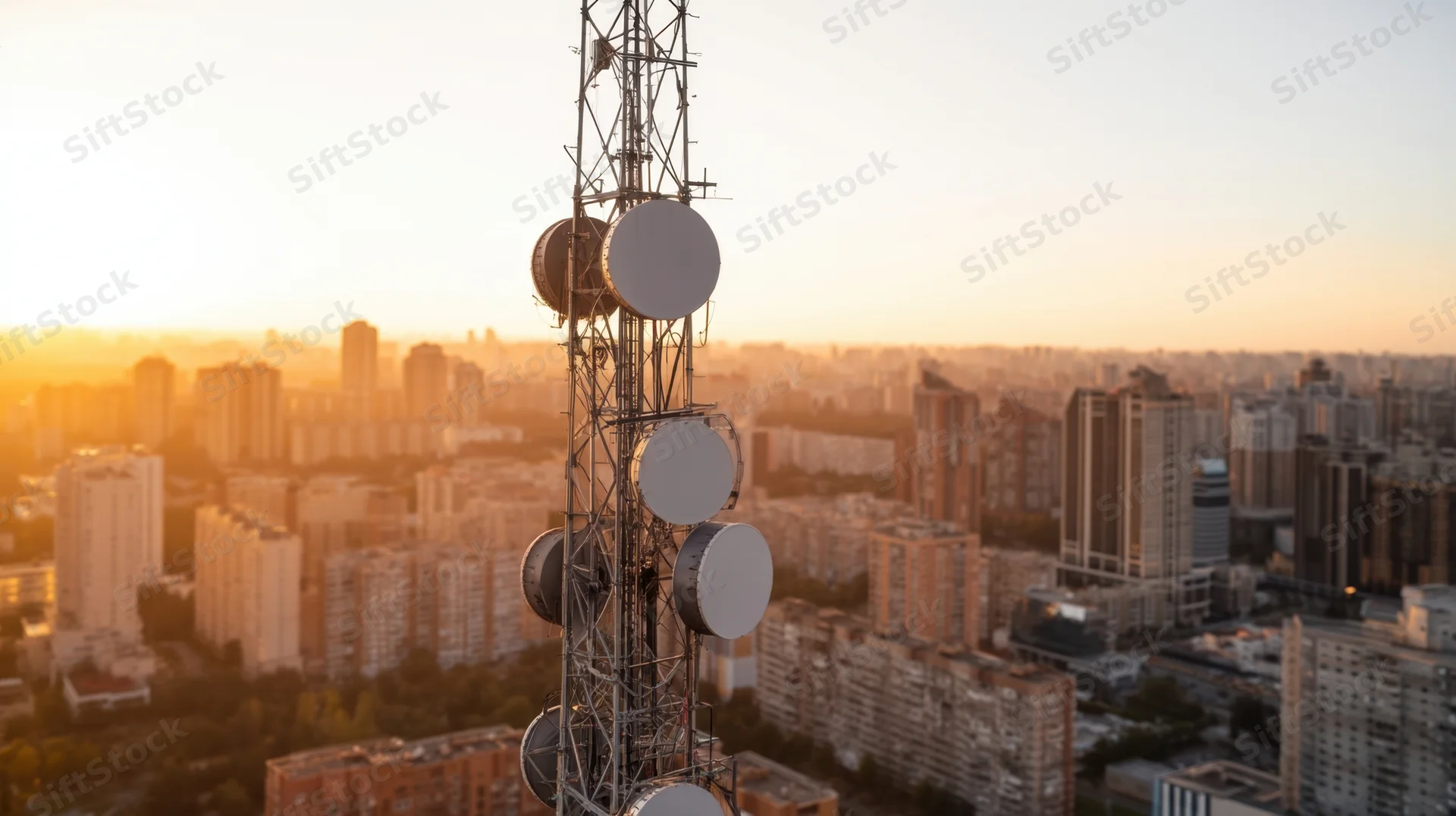 Telecommunication tower with multiple antennas overlooking a dense cityscape at sunset