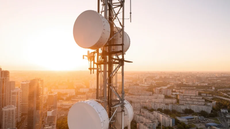 Telecommunications tower with multiple antennas overlooking a city at sunset