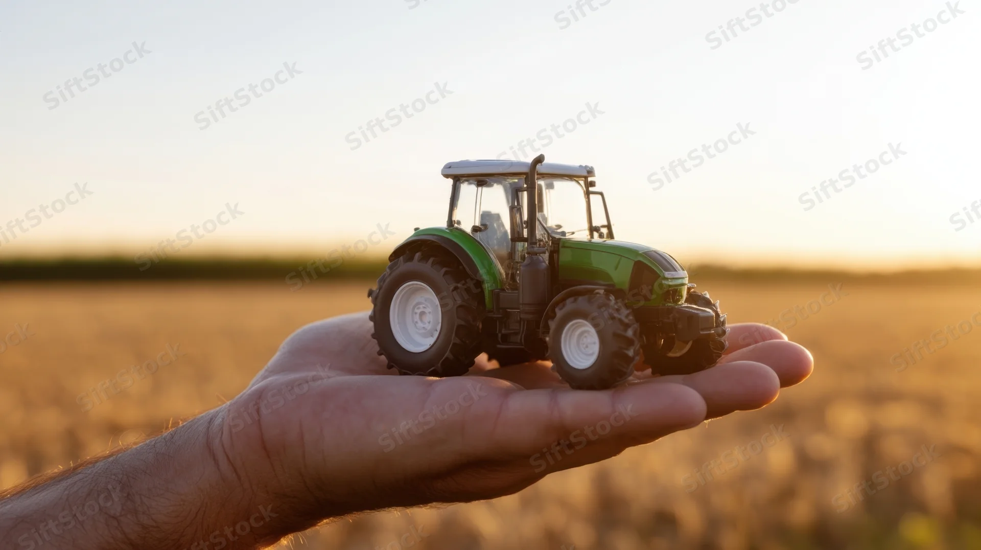 Hand holding a green toy tractor over a golden field at sunset