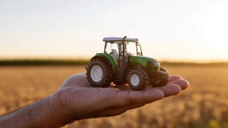 Hand holding a green toy tractor over a golden field at sunset