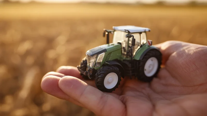 Hand holding a green toy tractor in a golden field at sunset