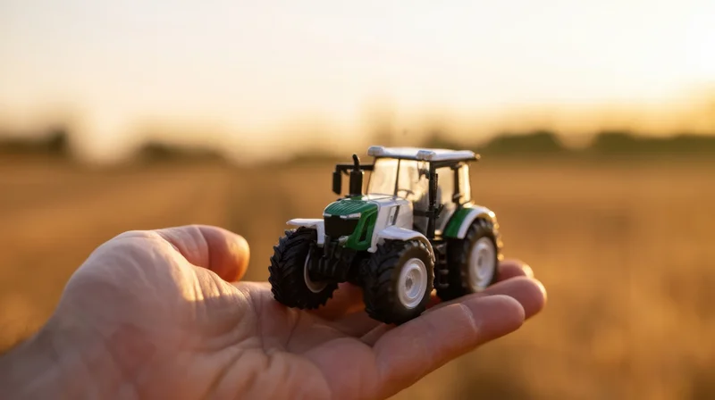 Hand holding a green and white toy tractor against a golden field at sunset