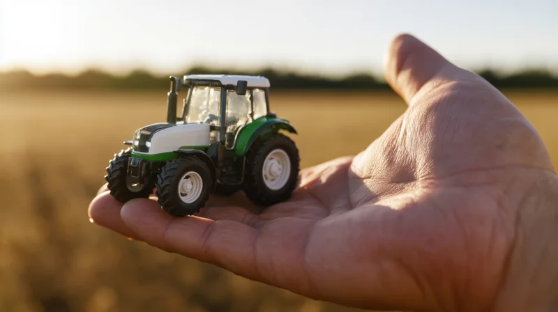 Hand holding a green and white toy tractor in a golden field at sunset