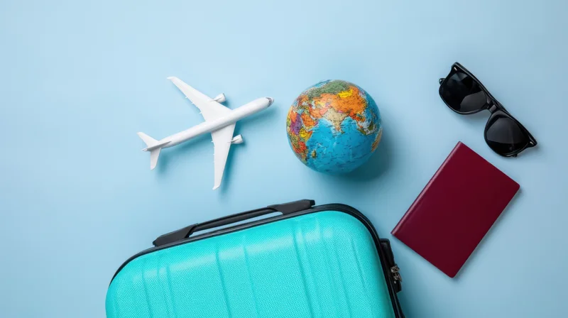 Travel items including suitcase, globe, airplane, passport and sunglasses arranged on blue background with copyspace
