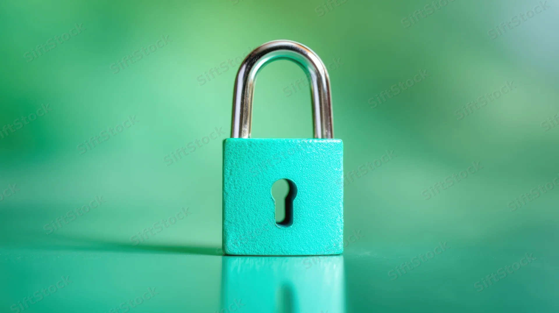 Turquoise padlock standing on a reflective green surface