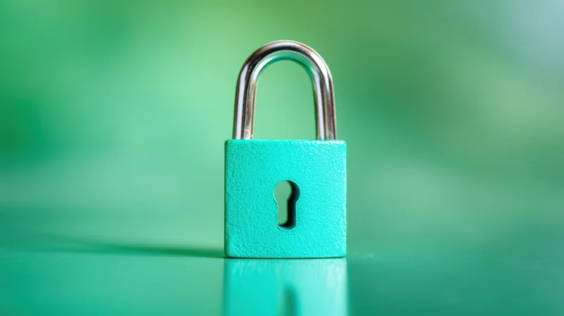 Turquoise padlock standing on a reflective green surface