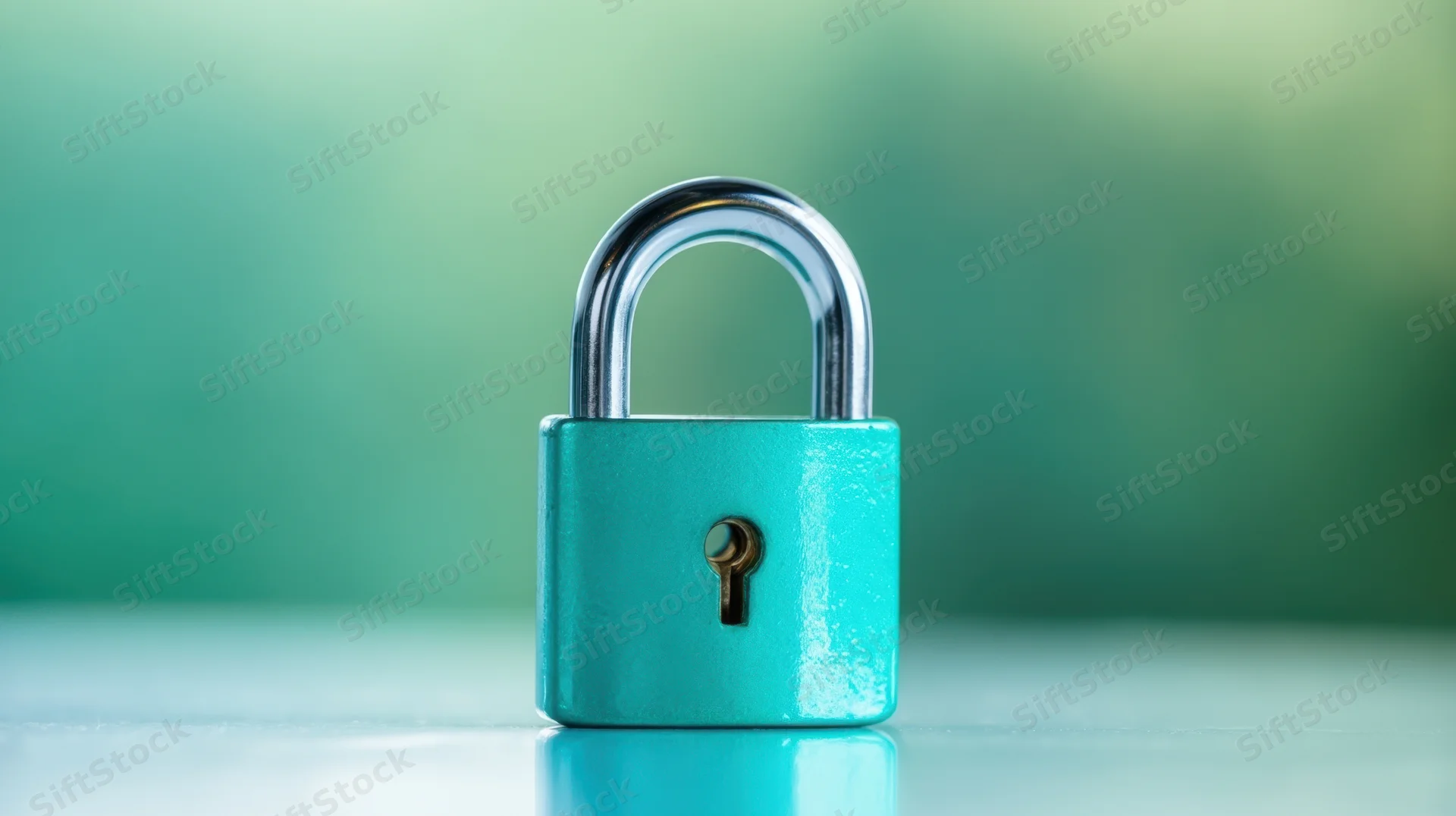 Turquoise padlock with shiny metal shackle on reflective surface against green background