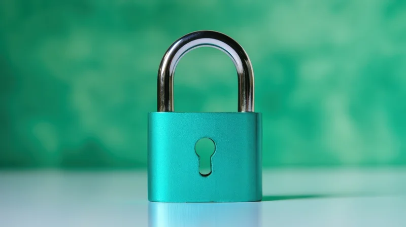 Turquoise padlock on reflective surface against green background