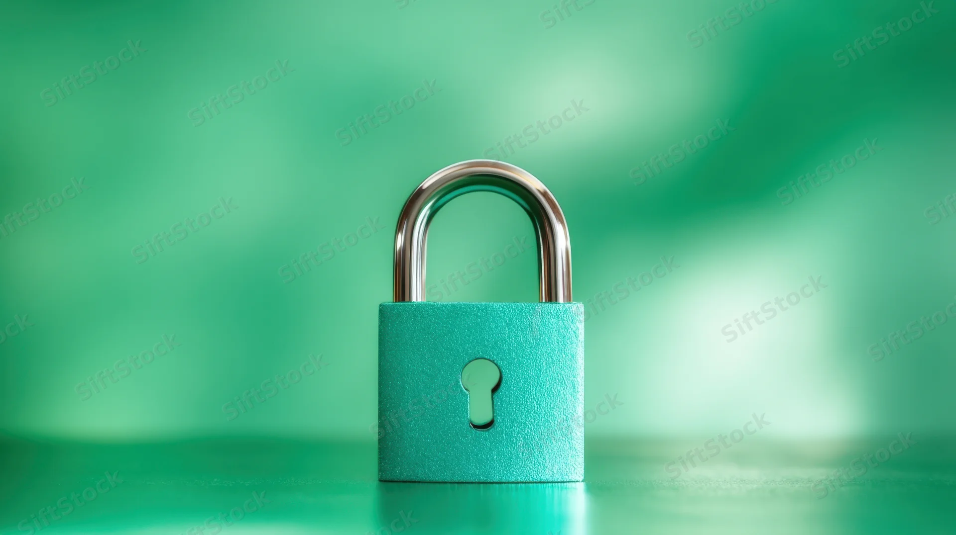 Turquoise padlock on a green surface with soft background lighting