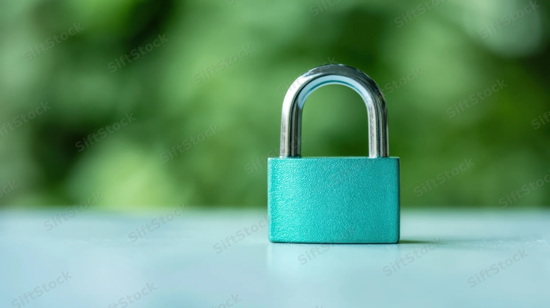 Turquoise padlock on a light surface with blurred green foliage background