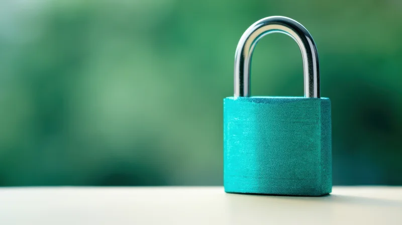 Turquoise padlock resting on a white surface against a blurred green background